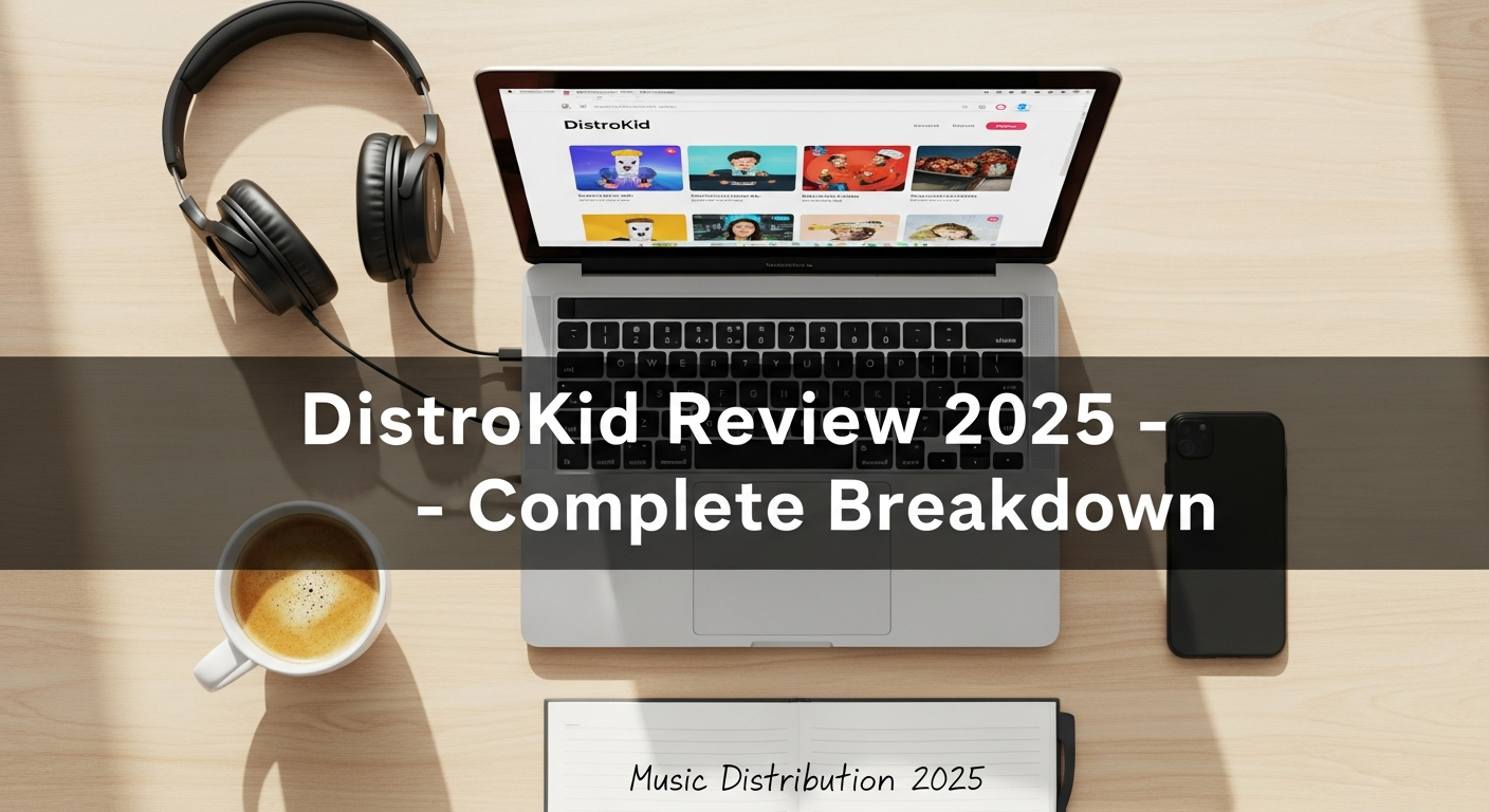 Laptop showing DistroKid dashboard with coffee, headphones, and notebook — featured image for DistroKid Review 2025 blog about music distribution, pricing, and payouts.