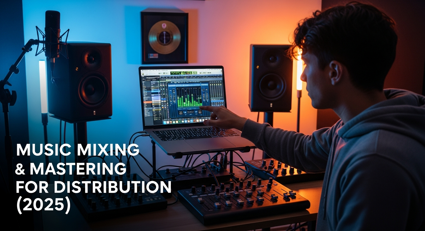 Producer mastering music in a home studio with professional audio plugins for distribution in 2025.