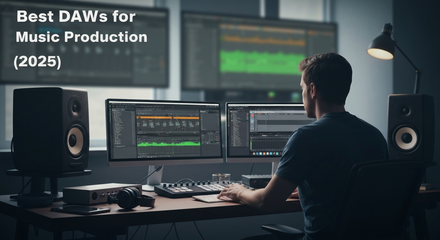 Producer comparing the best DAWs for music production in 2025 at a home studio desk, working on two monitors with DAW interfaces, surrounded by professional speakers, headphones, and MIDI controllers.